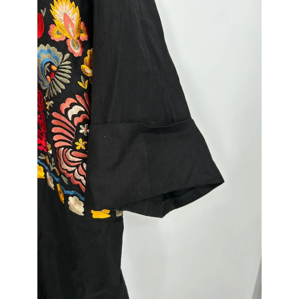 Andrea Jovine Black Linen Embroidered Floral Shirt Dress Tunic Size 14 - CJ - Picture 5 of 8